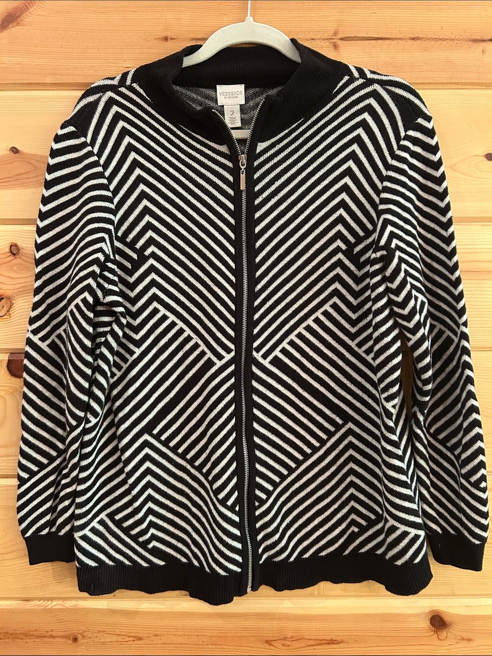 Chico's Weekends Cotton Blend Black & White Geometric Zip-Front Jacket, Size XL